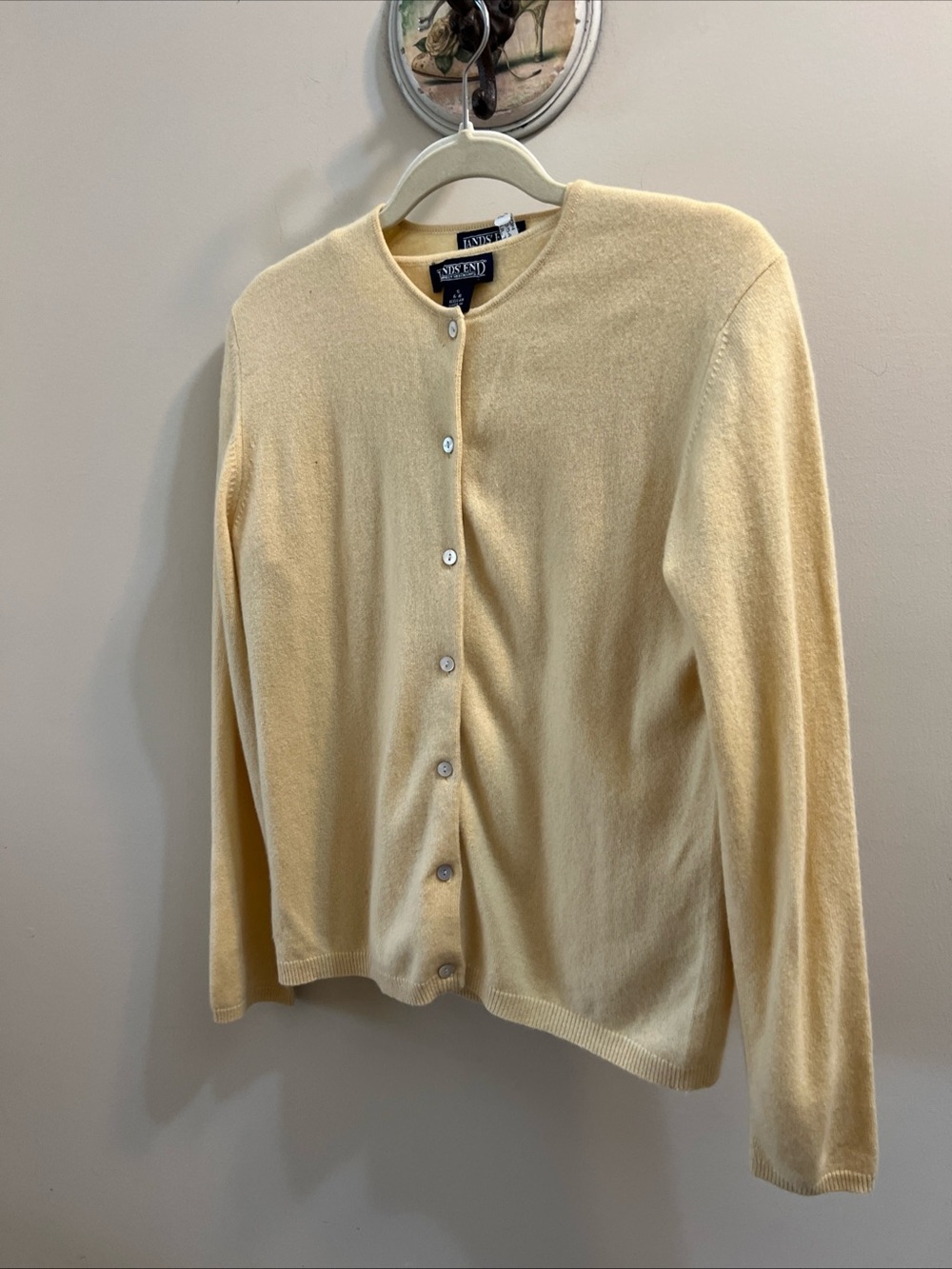 Lands' End Pale Yellow 2 pc Cashmere Button Cardigan w/ short sleeve sweater 6-8